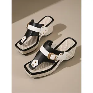 Women's Open Toe Wedge Sandals, Adjustable Buckle Strap with Metal Studs, Woven Sole, Summer Fashion Comfortable Shoes