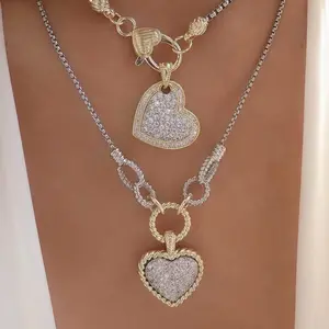 14k Gold Plated Two Toned CZ Pave Heart Pendant Necklace and Two Toned Drop Heart Pendant Necklace for Women