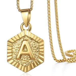 Hermah Hexagon Monagram Initial Letter Pendant Necklace Yellow Gold Plated Stainless Steel Chain Jewelry for Female Male