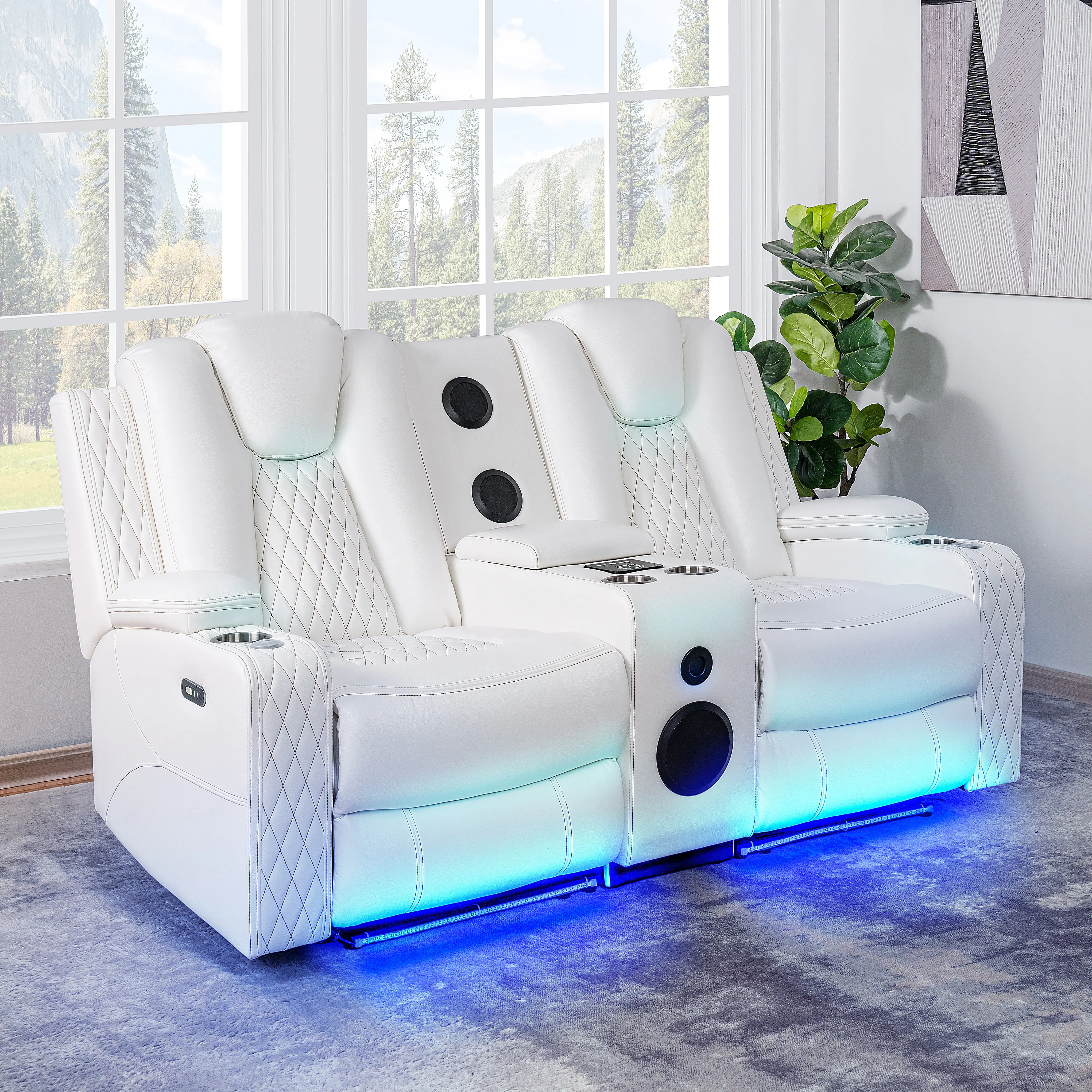 【Multi-package shipment + Free gift】Sweetgo Deluxe Theater Style Motion Loveseat with LED Lights White/Air Leather Lighting Convenience