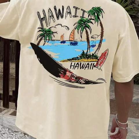 Men's Letter & Landscape Print Casual Graphic Design Tropical Drop Shoulder Tee, Regular Fit Fitted Casual Comfy Round Neck Half Sleeve T-shirt for Summer, Fashion Men's Top for Daily Wear, Casual Summer Tees, Casual Style Tee