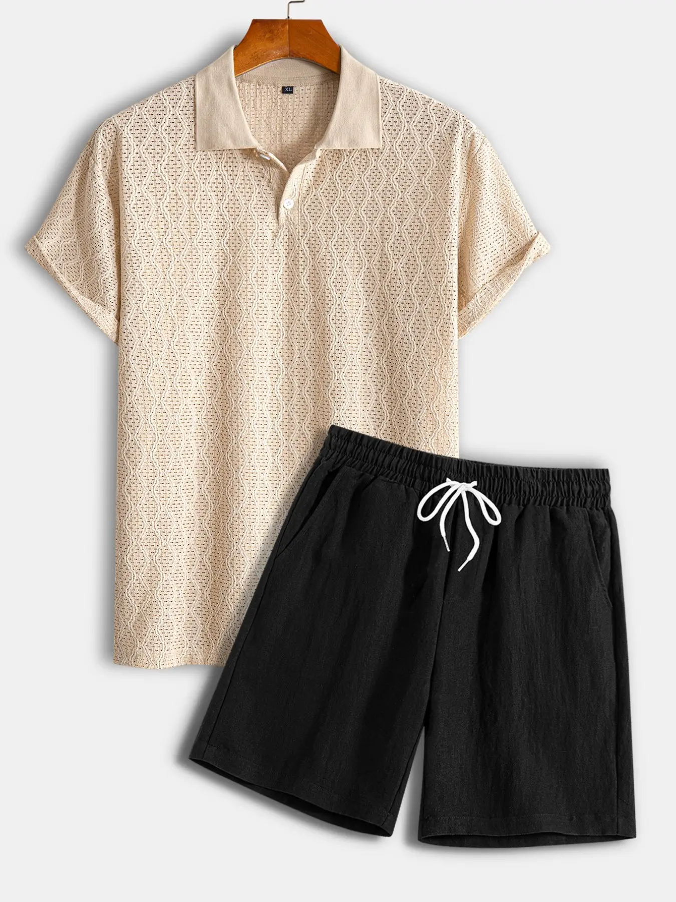 Men's Stretch Knit Jacquard Short Sleeve Polo Shirt & Linen Blend Shorts Set Outfit, Two Piece Set 2 Piece Matching Casual Style Set Breathable Summer, Ideal for Beach Golf Daily Wear