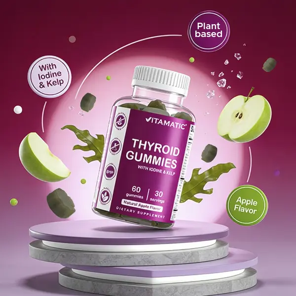 Vitamatic Vegan Thyroid Support Edible Gummies - 60 Chewable, Plant-Based Supplements with Iodine + Kelp, Essential Minerals, Aminos, Vegan Pectin Base, Gluten Free, Free from Soy, Wheat, Egg, Yeast (2-Gummy Dose) for Energy, Metabolism, Fitness, Healthca