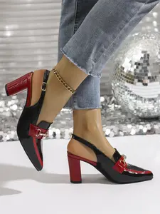 Women's chunky-heeled pointed-toe high-heeled pumps, closed-toe with exposed heel, synthetic leather material, adjustable buckle design, metal chain-embellished high-heeled sandals, suitable for office wear and travel, Chunky heeled shoe