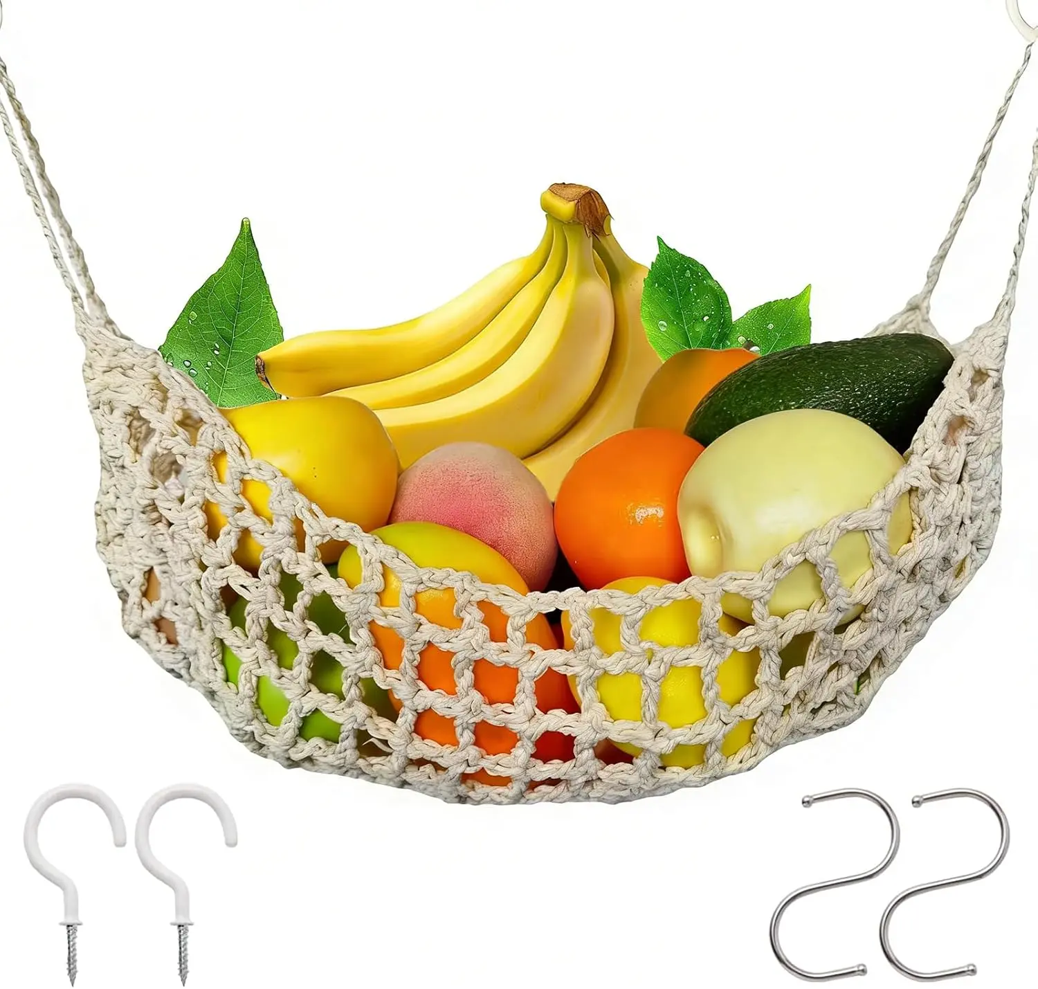 Hanging Fruit Hammock Under Cabinet, 13×16in Macrame Hanging Fruits Basket with 4 Hooks Fruit Net Banana Hammock Hanging Storage Veggie Hanger Basket for Kitchen Home Boat Rv(Beige)