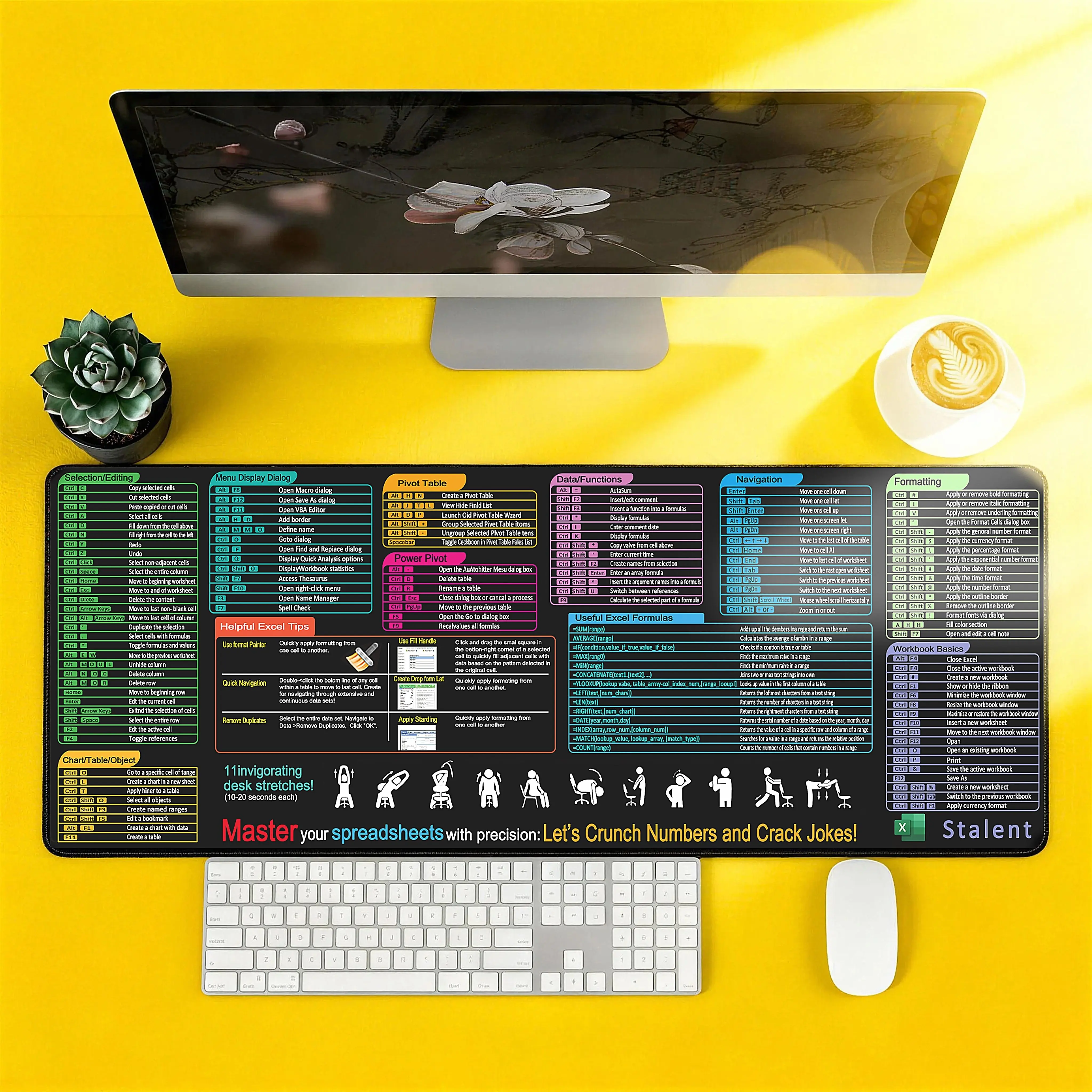 Excel Shortcut Keyboard Theme Extended Gaming Mouse Pad - Large Office Accessories Desk Mat with Stitched Edges, Non-Slip Base, Extended Space, Desk Accessory for Office, Gaming Use