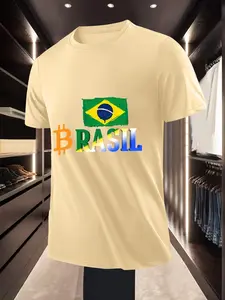 Trendy Personality Men's Brazil Flag Bitcoin Printed Short Sleeve T Shirts for Daily Casual Gatherings and Outfits