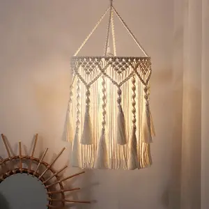 Handcrafted Cotton Rope Woven Lamp Shade with z336a Tassel, Beige Nordic-Style Hangable Light Decor for Bedroom, Living Room Wall Use