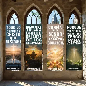 4 Pcs Religious Banners, Polyester Material Christian hanging banners printed with bible verses design suitable for church decoration home prayer corner wall decor to enhance religious atmosphere for faith related gatherings and daily spiritual use