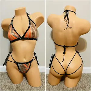 Orange Beige Sequins Two Piece Bikini Outfit