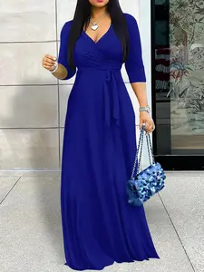 Women's Plain Knot Front V Neck Dress, Elegant Classy Modest Dresses Fashion Casual Dress for Daily Outdoor Wear, Women Dress for All Seasons