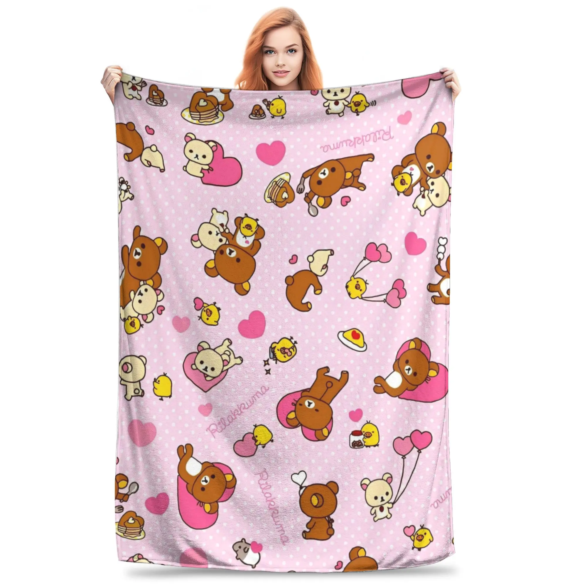 Kawaii Rilakkuma Knitted Flannel Throw - Polyester Cartoon Pattern Blanket, Soft Warm Double Sided Contemporary Bedspread, Multi-Size Home Lounge Summer AC Use, Cute Home Textile Gift Option, Personalized Gift