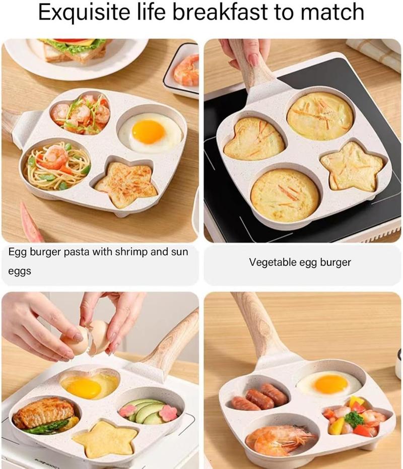 Non-stick Hole Design Egg Frying Pan, 4 Hole Skillet with Handle, Small Egg Fry Pan 4-in-1 Divided Grill Pan, Wooden Handle Stone Omelet Non-stick Cookware, Breakfast Pancake Pan, Kitchen Gadgets for Gas and Induction Cooktops gas stove