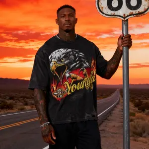 Youngla Eagle Graphic T-Shirt Streetwear Premium Oversized Washed Cotton Short Sleeve Crewneck Top For Daily Wear Gym Workout Urban Fashion Biker Gift Street Style Breathable Fabric