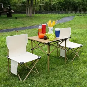3pcs/set Khaki Outdoor Folding Table And White Folding Chair Set, Lightweight Folding Camping Table, Portable, Easy To Assemble And Store, Detachable Design, With Rollable Tabletop And Handbag.