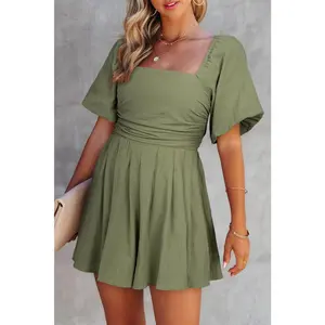 Jungle Green Square Neck Ruched Puff Sleeve Romper