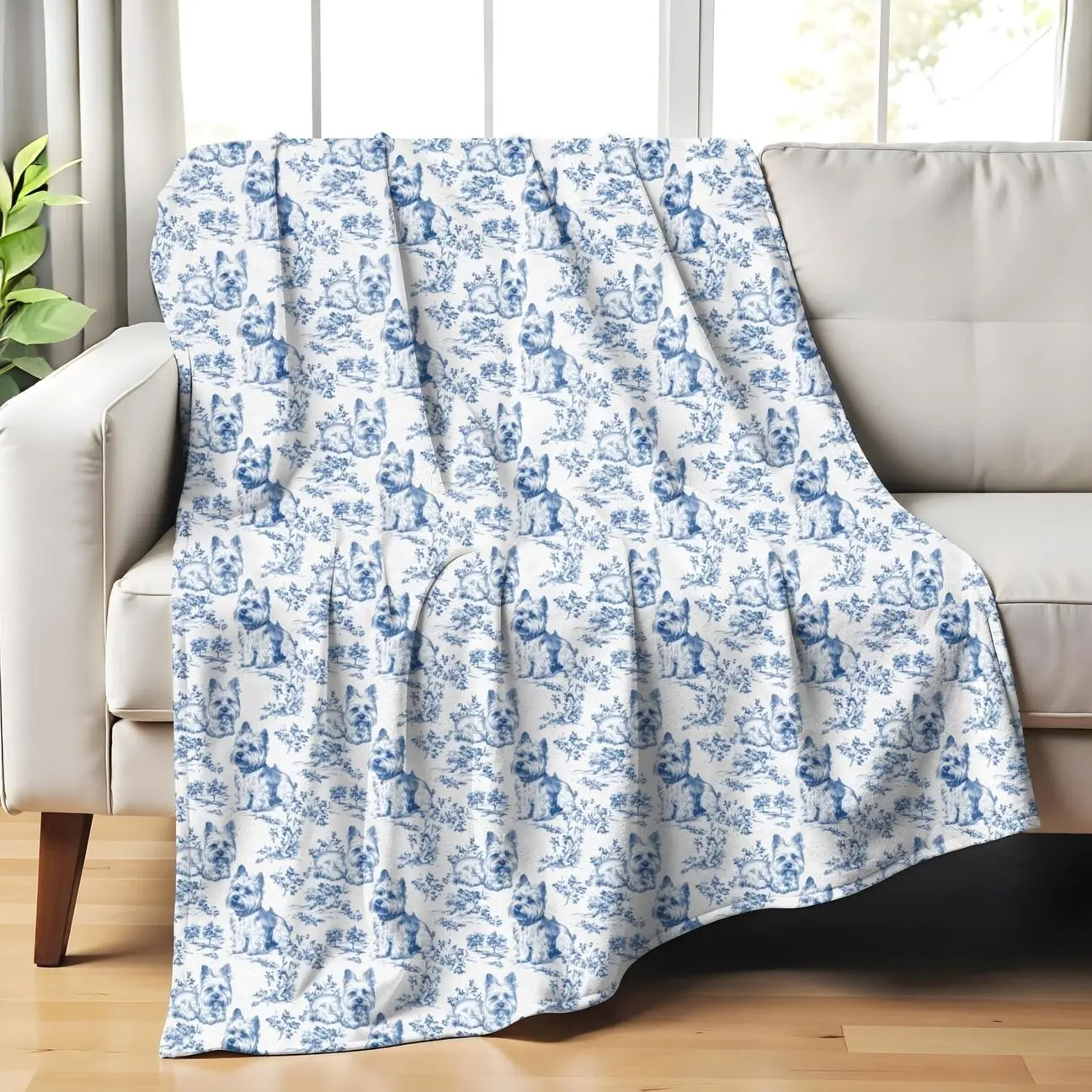 Yorkshire Terrier Toile Blanket - Blue Toile de Jouy Cozy Throw for Yorkie Lovers, French Country Bedding for Dog Mom, Dog Chinoiserie Decor