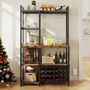 DWVO Kitchen Microwave Bakers Stand Wine Rack, Coffee Bar Storage for Liquor Glasses Power Outlet, Wine Rack Freestanding Floor Tall Farmhouse Shelf Dining Room Hutch 35 Inch Large, Rustic Brown