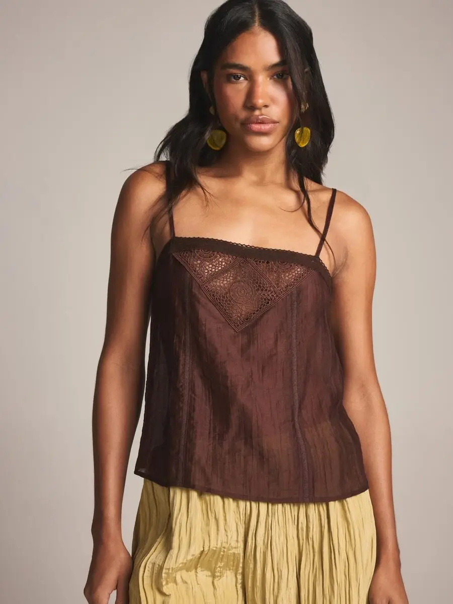 Crochet Detail Square Neck Cami Top With Spaghetti Straps And Sheer Woven Fabric For Summer