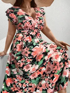 Plus Size Women's Summer Beach Vacation Maxi Dress, Blue Colorblock Floral V Neck, Belted Waist Slimming, Party Wear