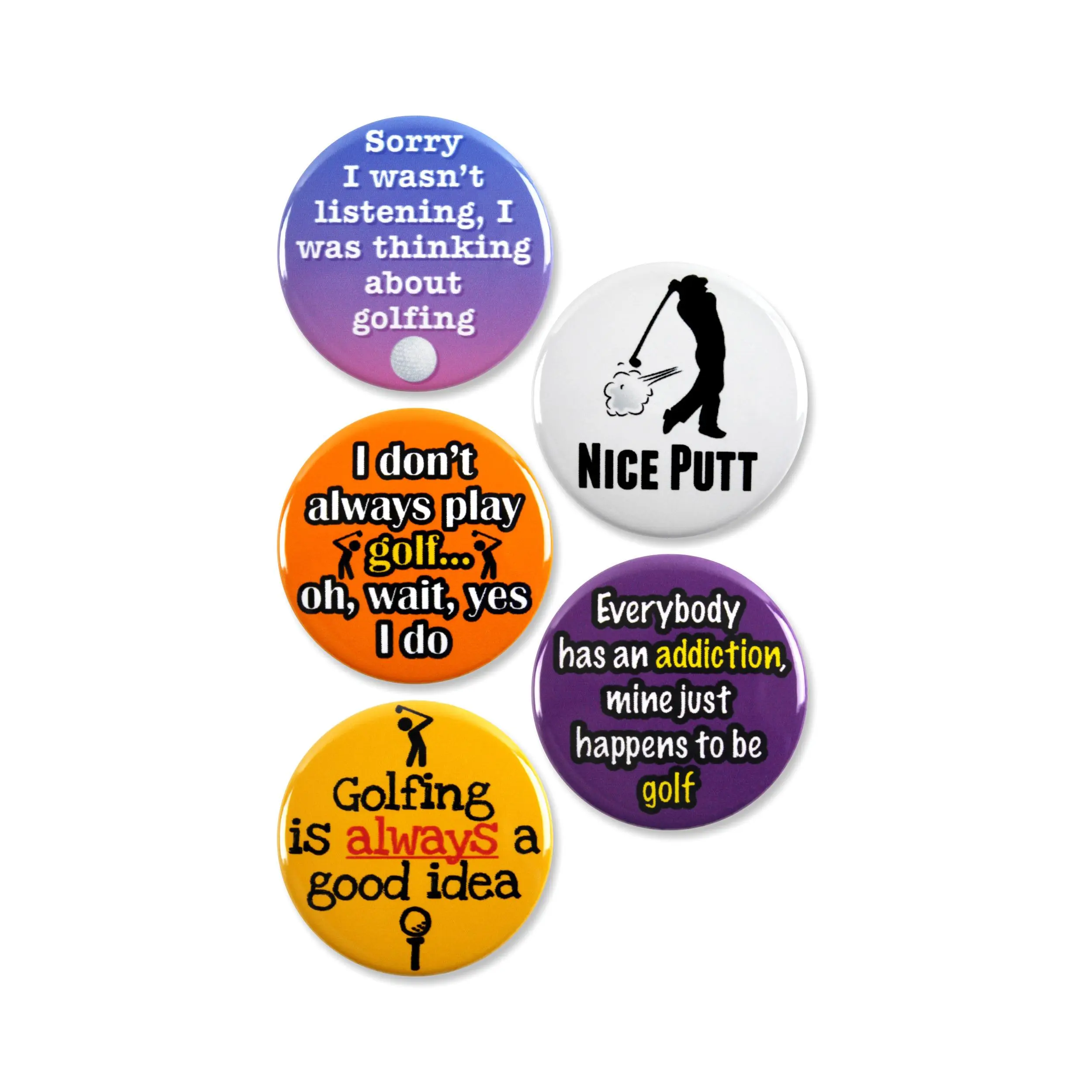 5 Pack - Golf Wisdom Sports Pinback Buttons - 2.25 Inch