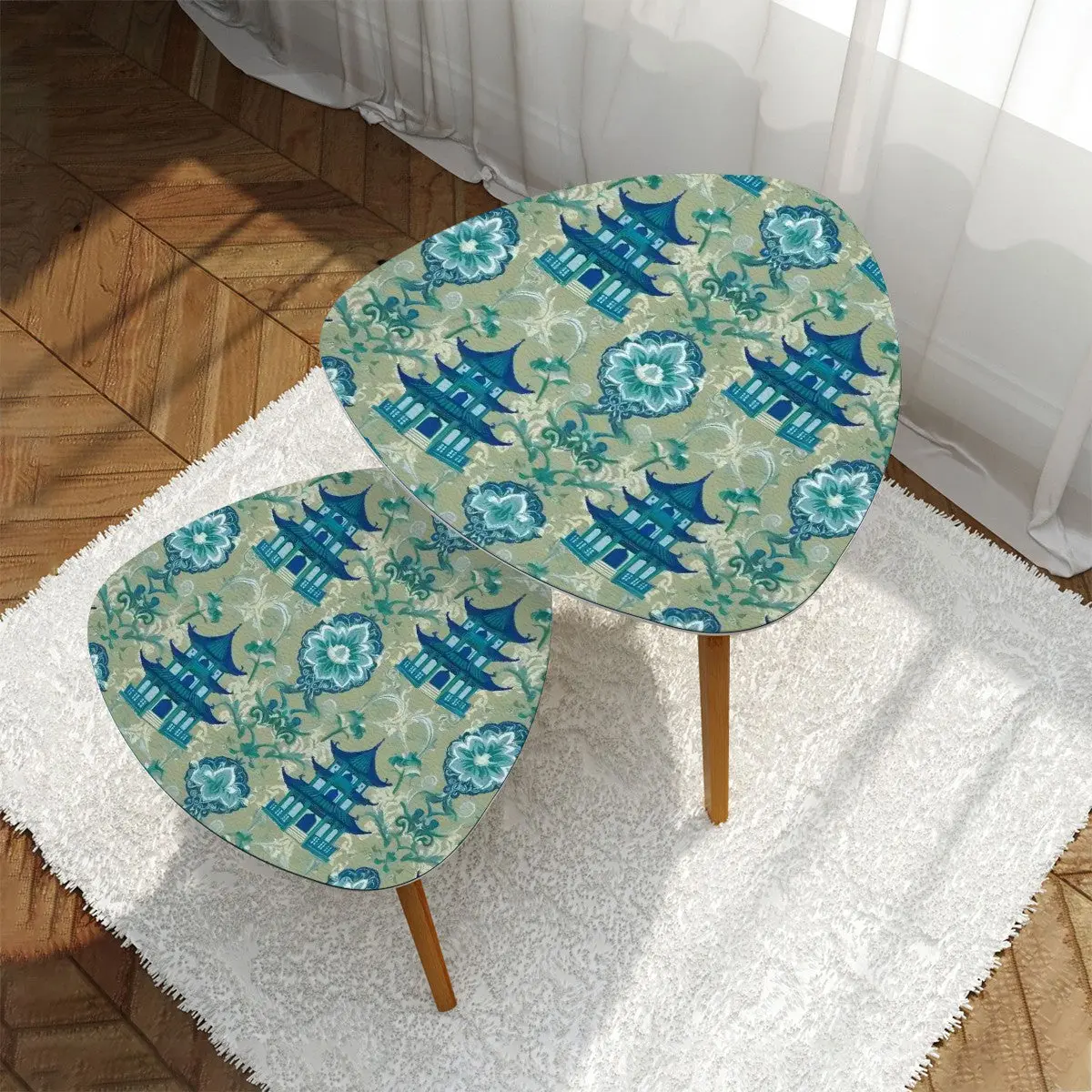 Chinoiserie Pagoda Green Blue Floral Elegant Modern Nesting Tables