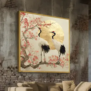 [sale off up to 40%] [Frame Canvas] Elegant Japanese Cranes Canvas Wall Art, Cherry Blossom Tree with Gold Sun, Asian Style Nature Decor, Tranquil Bird Painting, Ready to Hang