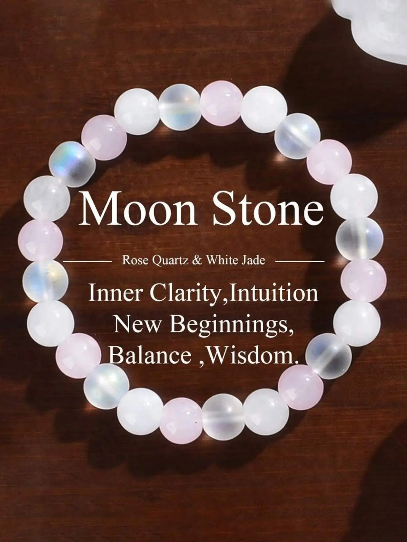 1pc Matte Finish Moon Stone Women Wisdom Exquisite High Quality Bracelet 8mm Rose Quartz & White Jade New Beginnings, Soothing,Clarity, Emotional Balance Beaded Design Fashion Jewelry Festival Gifts For Women Men Unisex Appeal