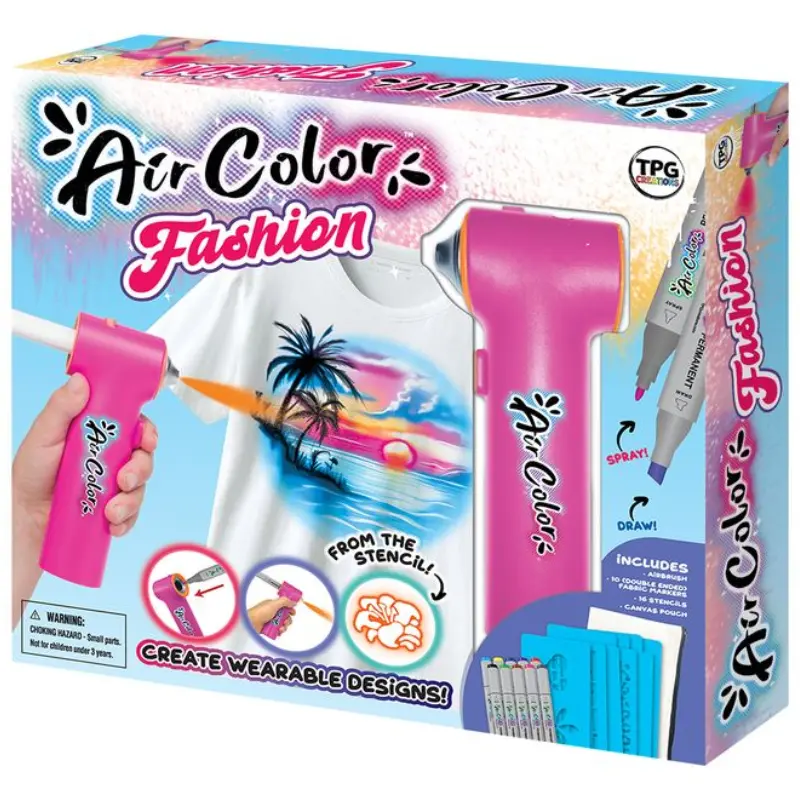 NEW! Air Color Fashion Airbrush Kit for Fabric, Includes 10 Dual-Tip Fabric Markers, 52 Stencils & Canvas Pouch