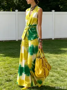 Women's Summer 2-Piece Pants & Top Set - V-Neck Twist-Knot Sleeveless Top, Wide-Leg Pants, Slim-Fitting, Figure-Flattering