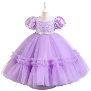 Girls Lavender Tulle Lace Princess Style Dress for Wedding Birthday Celebration with Sequin Embellishments