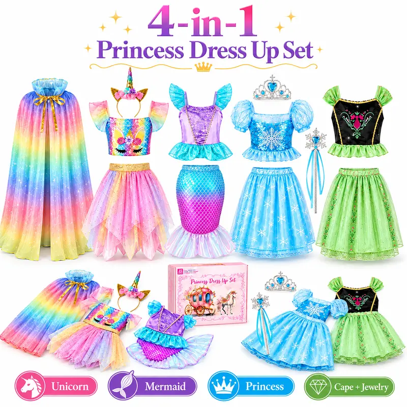 DOIOWN Girls' Polyester Princess Dress-Up Set (Ages 3-6) - Themed Outfits (Princess, Unicorn, Mermaid), Capes, Jewelry, Summer Wear, Girly Style, Character Play Accessories, Kid Girl Gifts, Kids Christmas Gifts, Costume Ideas