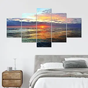 Beautiful Sea with Sunset Reflected by Colorful Clouds Pattern Canvas Unframed Painting, 5 Counts/set Wall Art Poster, Wall Art Decor for Home Living Room Bedroom Office, Ornaments, Modern Home Decor, Modern Home Decoration