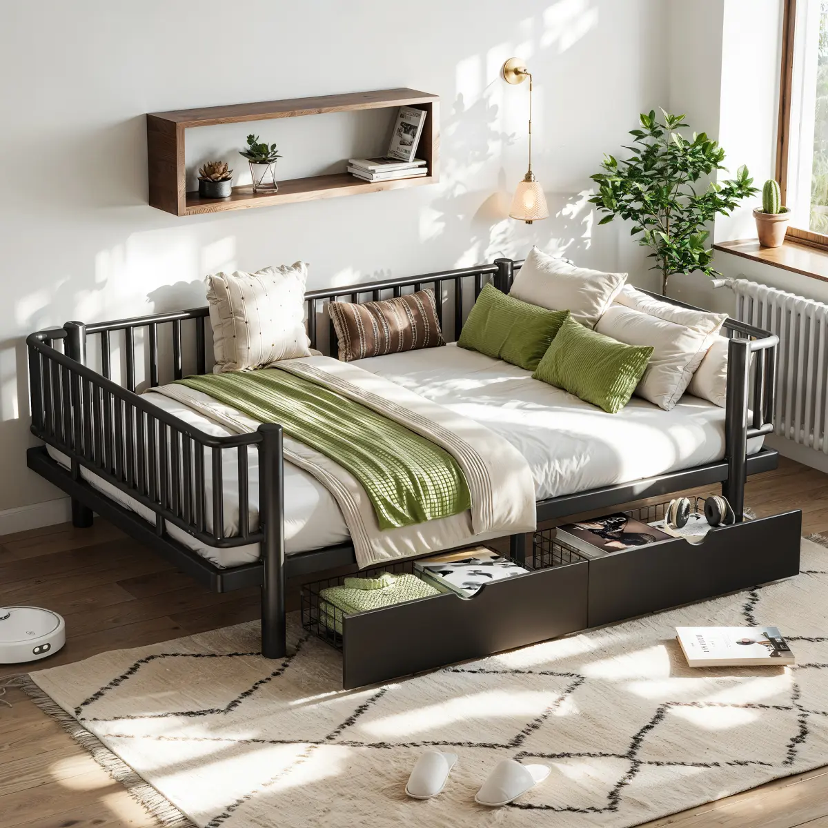 Durable Full/Queen Size Metal Daybed Frame - Space-Saving Storage Bed with Drawers, Upgraded Safety Round-Pipe Design, Low Profile, Multi-Use for Guest Room, Assembly Required, Black/White