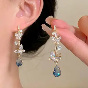 Blue water drop butterfly earrings, ultra-fairy and high-end, full of diamonds, long drop earrings DDES0577, elegant and light luxury earrings, 14K gold-plated