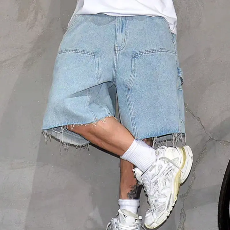 Men's Denim Shorts Jeans Bermudas, Menswear Summer American Casual Style, Vintage Distressed Style Light Blue Loose Fit Five-Quarter Pants, Washed Retro Look