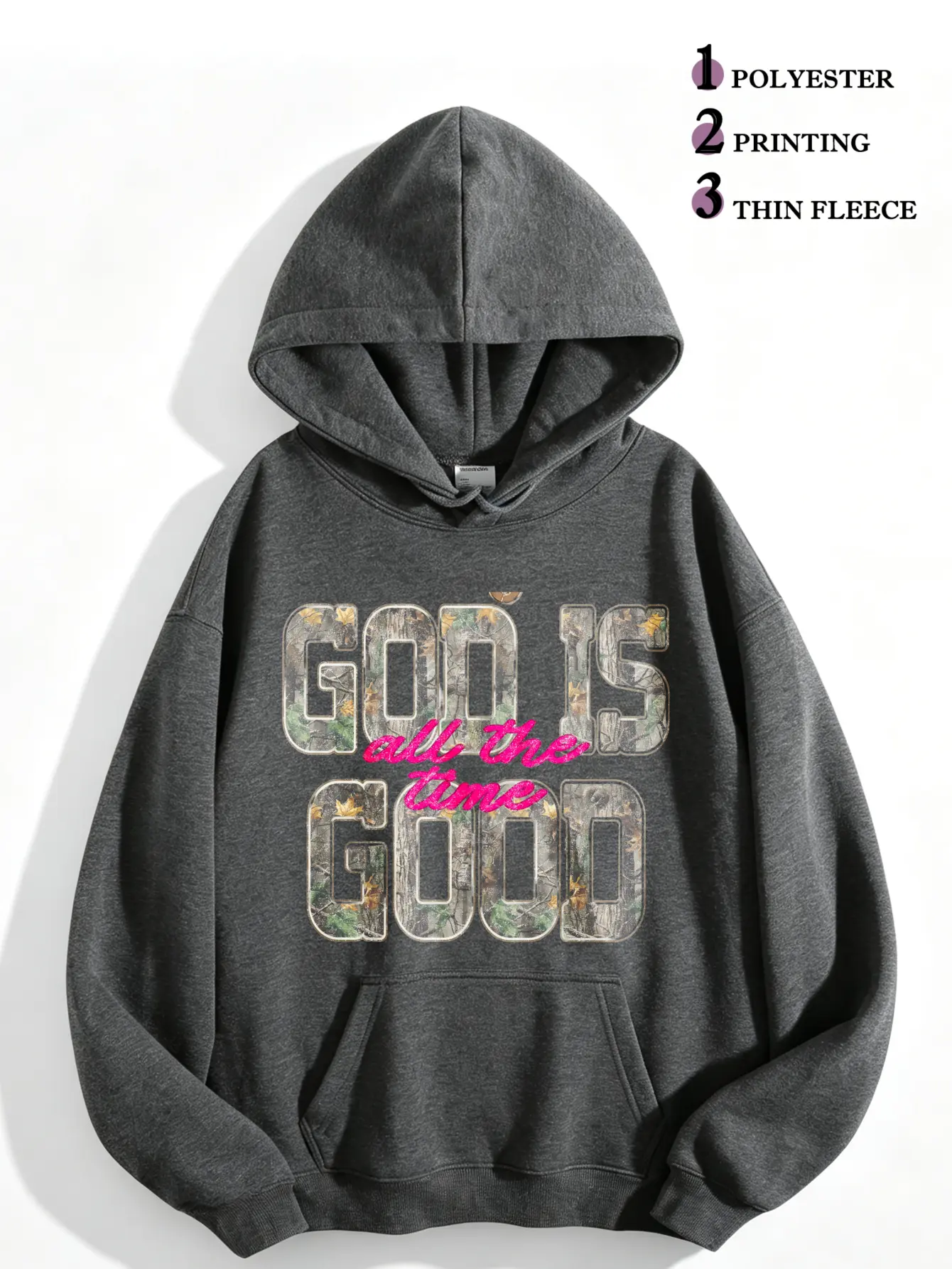 Women's Oversize Camo Hoodie, God Is Good Faith Graphic Pullover, Vintage Cotton Blend Casual Sweatshirt with Longsleeves, Loose, Faith Print, Hoodies For Women, Hood Neck, Baggy, Unisex Sizes