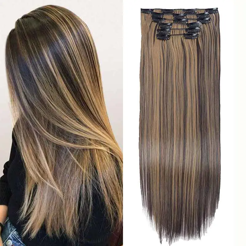 Clip in Hair Extensions 24 Inches Straight Hairpieces 6 PCS Set Heat Resistant Synthetic Fiber Full Head High-temperature Double Weft natural fluffy Comfortable Thick Hair Piece Clip ins add length for Women