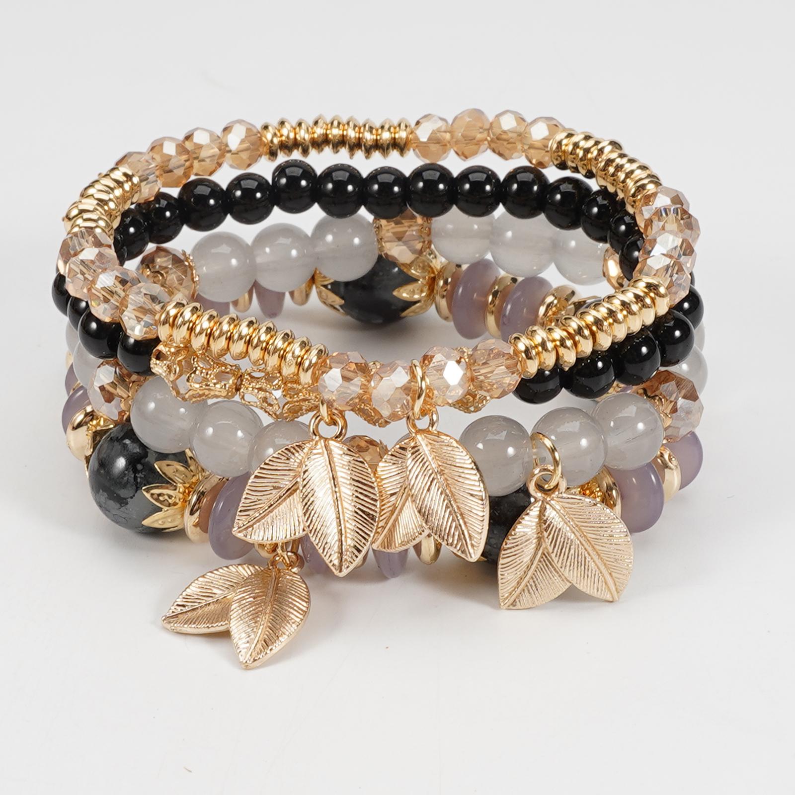 Bohemian Style Beaded Bracelet Set - 4 Pieces - Women's and Girls' Imitation Pearl Leaf Pendant Elastic Tassel Bangle - Fashionable Jewelry, Suitable for Everyday Wear, Couple Bracelets, Valentine's Day Gift.