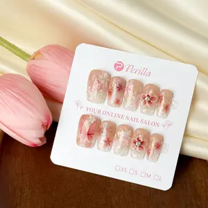 Perilla QL32-QL40 Handmade Floral Cat Eye Press On Nails Elegant Rhinestone French Tips