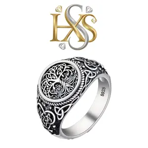HXS 925 Sterling Silver Tree of Life Celtic Knot Norse Viking Statement Ring, Unisex Ring Jewelry for Men and Women