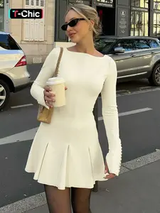 Women's Elegant Plain Boat Neck Split Long Sleeve Pleated Dress, Formal Elegant Fashion, Solid Color Buttons Decor Sleeves Ruched Plicated Short Dress, Party Club Date Holiday Daily Casual Dresses For Ladies Spring Fall Winter Outdoor Clothes Workwear