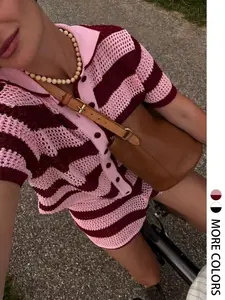 Women's Spring Summer Striped Fitted Knit Button Front Short Sleeve Top and Shorts Set, Casual Elastic Waist Two-Piece