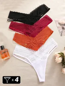 4pcs/Elgant low-rise lace lace Brazil pants All Season Comfortable Fit Deep V Thong Lace Rib for Women, Panties