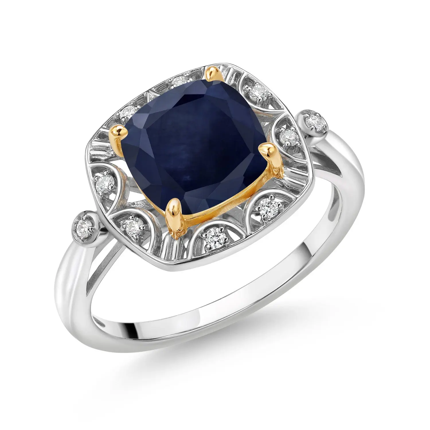 2.89 Cttw Blue Sapphire and White Lab Grown Diamond Engagement Ring For Women | 925 Sterling Silver and 10K Yellow Gold | Cushion Cut 8MM | Wedding Engagement Anniversary Ring