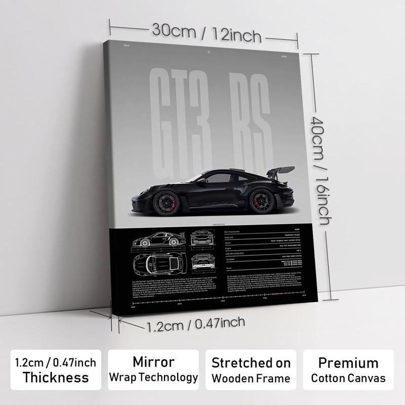 Wooden Framed GT3 RS Canvas Painting High Performance Modern Art Poster for Living Room Bedroom Office Mural Waterproof Finish Gift for Car Enthusiasts