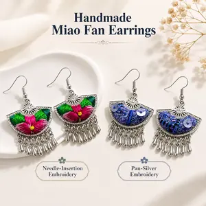 Handmade Miao Fan Dangle Earrings, Needle-Insertion Embroidery & Silver-Thread Embroidery, Lightweight Boho Tassel Jewelry