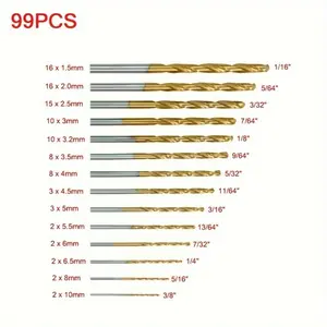 99-piece high-speed steel titanium alloy drill bit set, featuring 1/16"-3/8" and 1-3mm straight shanks, a more robust working tool, with ground spiral flutes to ensure durability, suitable for drilling in metal, wood, and aluminum alloy.