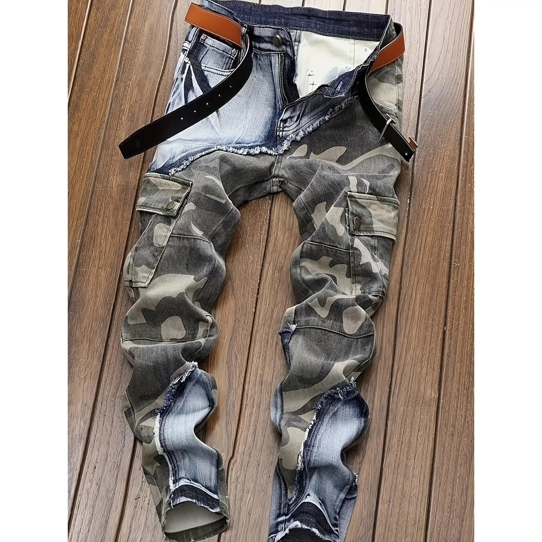 Men's Stretch Camo Cargo  with Multiple Pockets - Elastic Waistband, Denim and Camouflage Pattern, Street Style, Machine Washable, Wide Leg  casual comfy jogger slim fit jeans