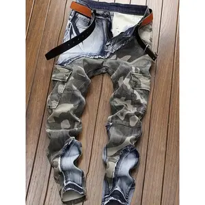 Men's Stretch Camo Cargo  with Multiple Pockets - Elastic Waistband, Denim and Camouflage Pattern, Street Style, Machine Washable, Wide Leg  casual comfy jogger slim fit jeans